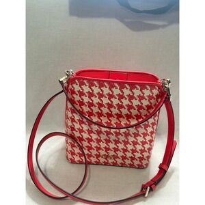 Kate Spade Darcy Pink White Houndstooth Wicker Bucket Bag Crossbody Leather #422